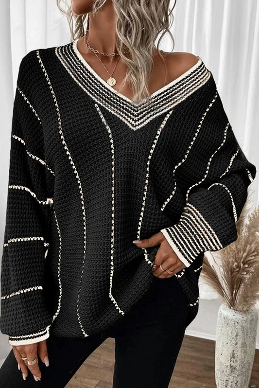 Striped V-Neck Long Sleeve Sweater. Black.