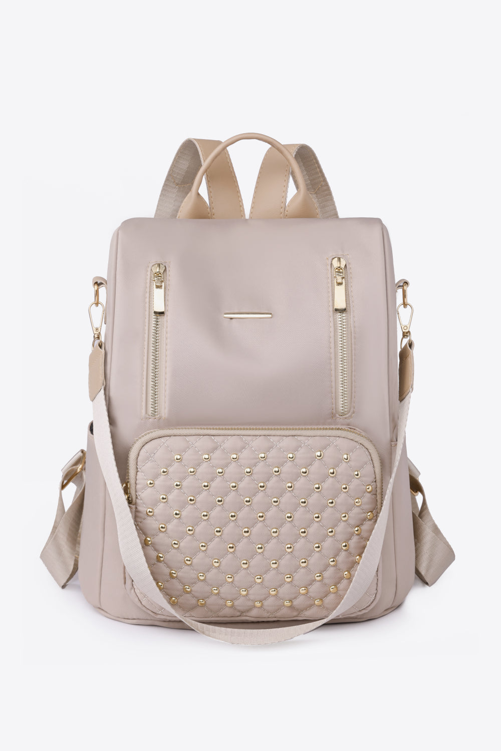  Zipper Pocket Beaded Backpack. Beige.