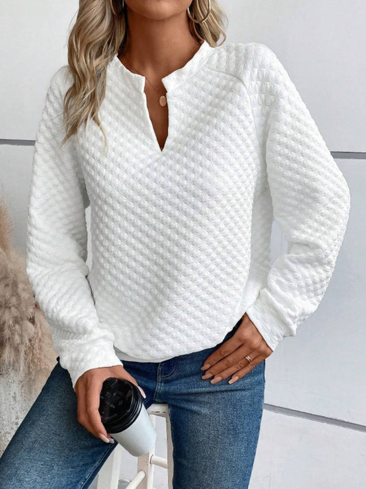 Notched Long Sleeve Sweatshirt. White.