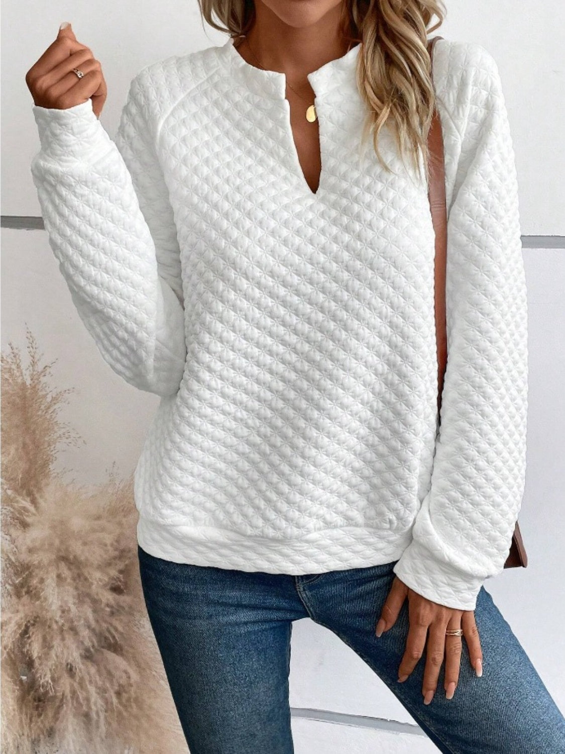 Notched Long Sleeve Sweatshirt. White.