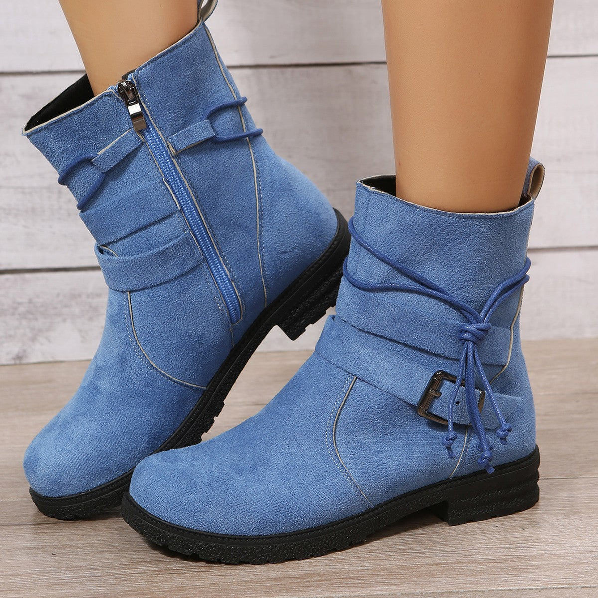 Suede Round Toe Boots. Sky Blue.