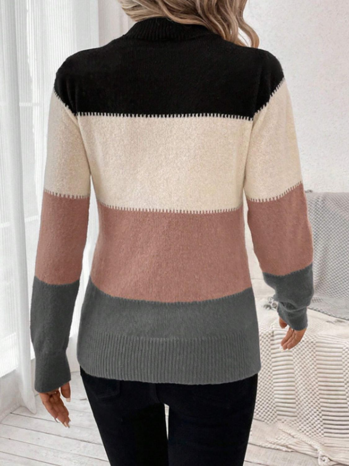 Color Block Mock Neck Long Sleeve Sweater. Dusty Pink Color.