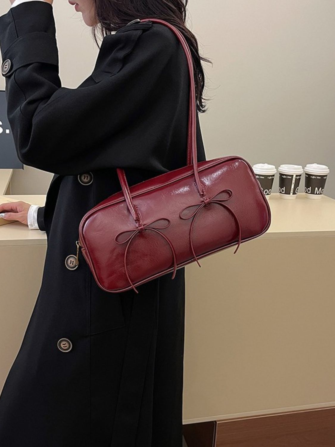 Leather Bow Trim Shoulder Bag. Burgundy.