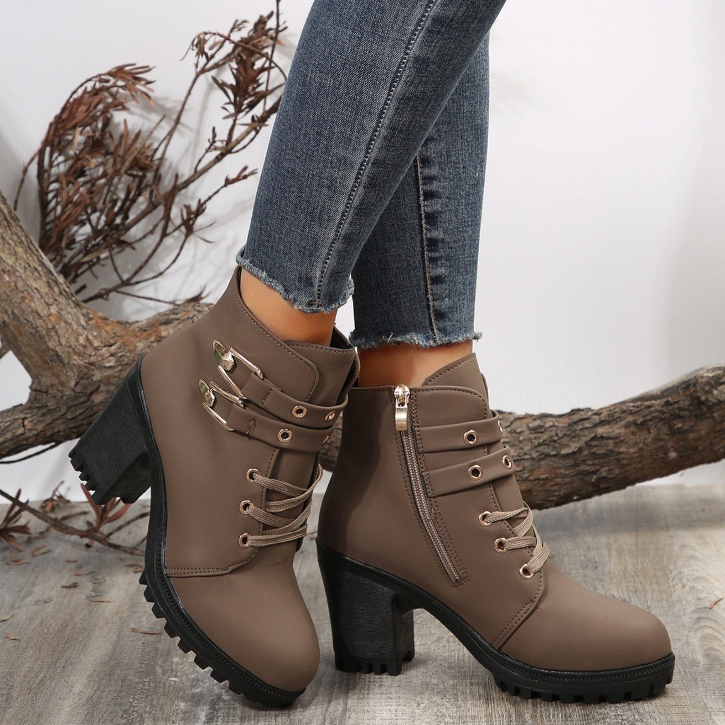 PU Leather Round Toe Block Heel Boots. Mocha.