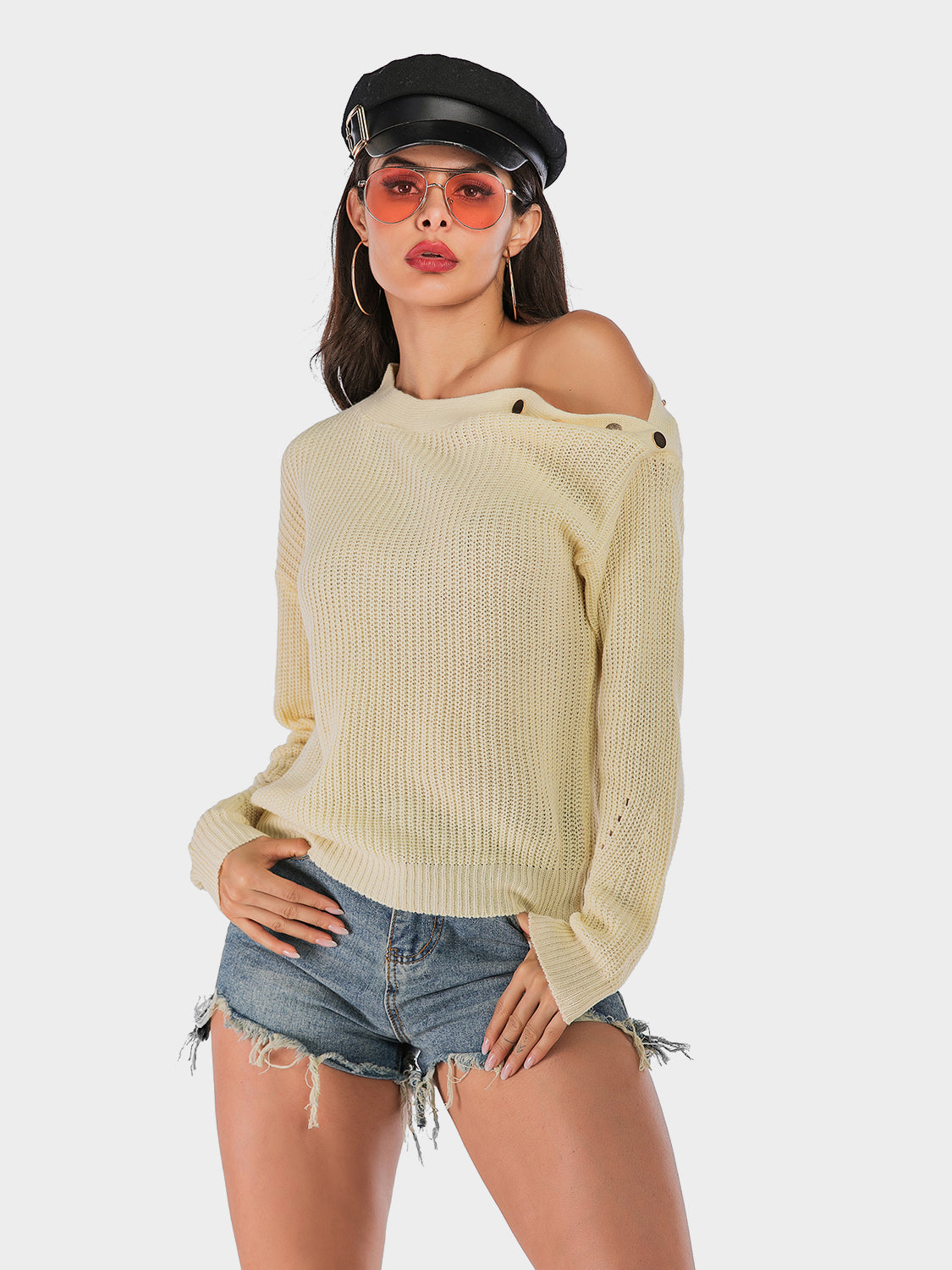 One Shoulder Long Sleeve Sweater. Beige.