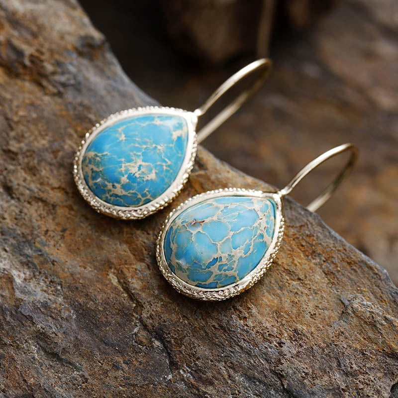 Copper Natural Stone Teardrop Shape Earrings. Pastel Blue.