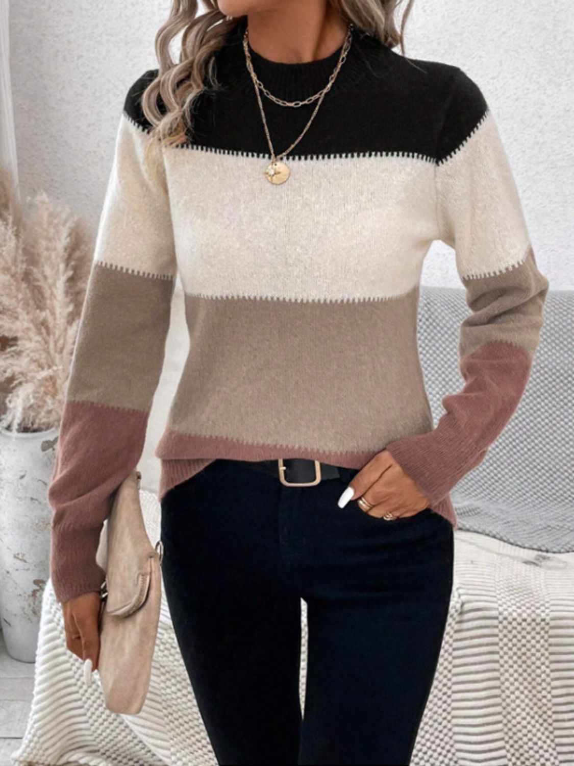 Color Block Mock Neck Long Sleeve Sweater. Mocha Color.