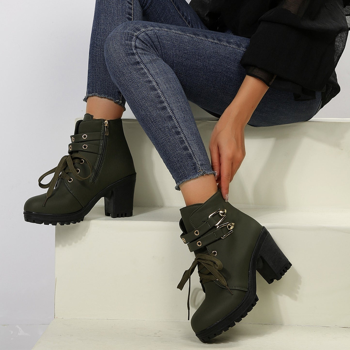 PU Leather Round Toe Block Heel Boots. Army Green.