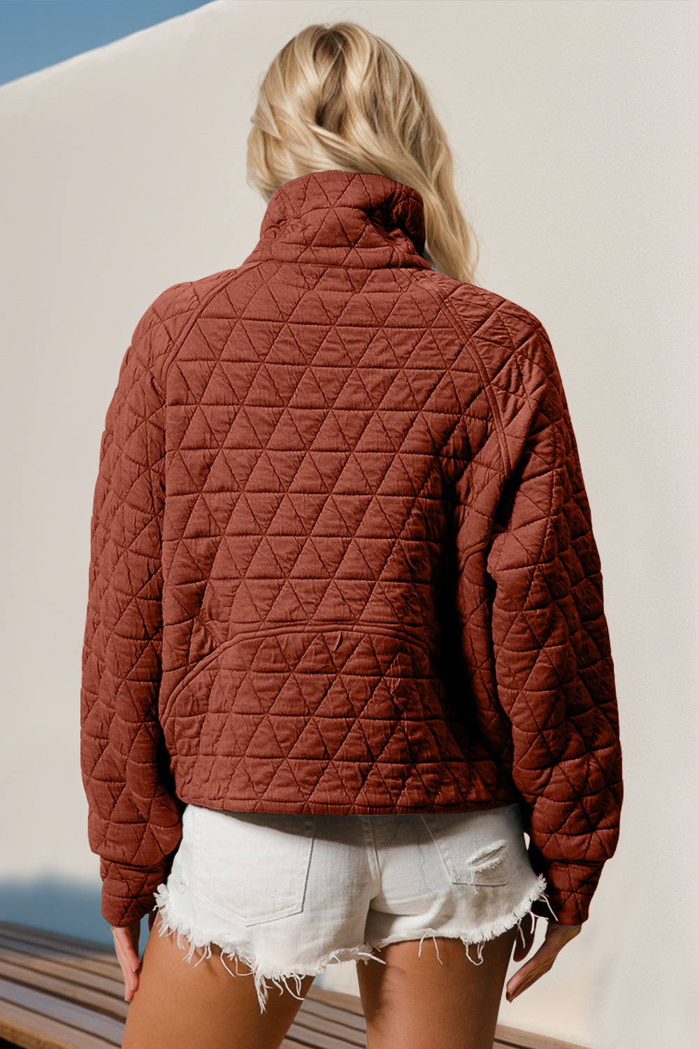 Quilted Sweatshirt with Pocket. caramel. Back side.