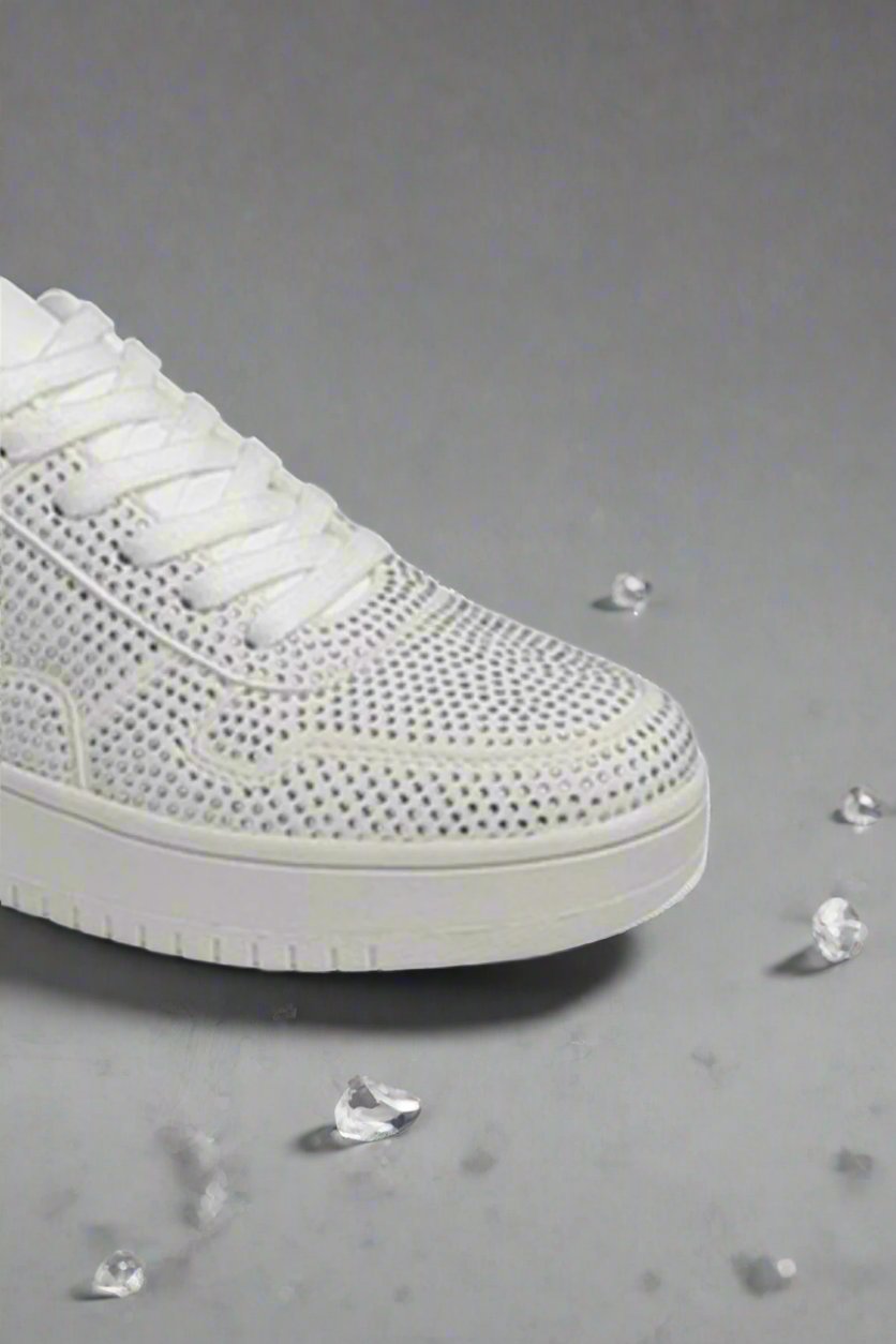 Rhinestone Platform Flat Sneakers. White