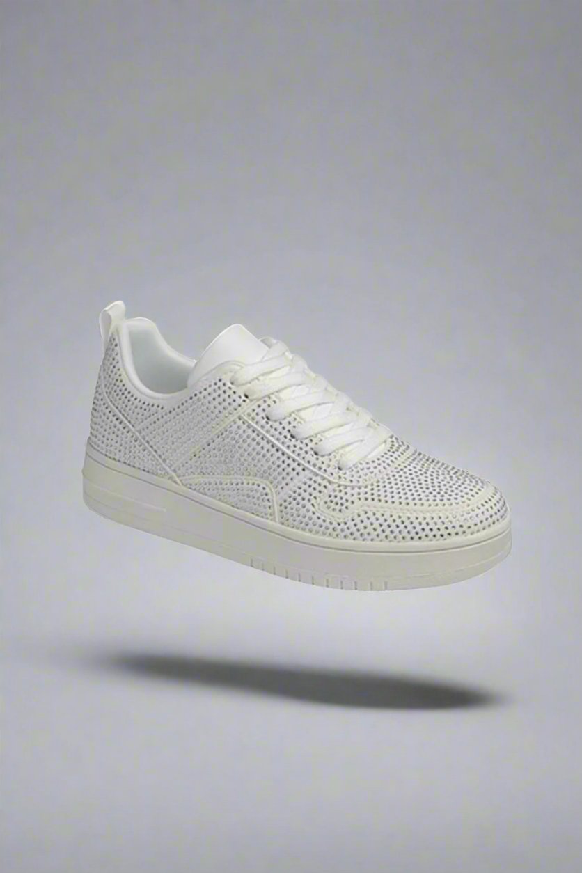 Rhinestone Platform Flat Sneakers. White. 