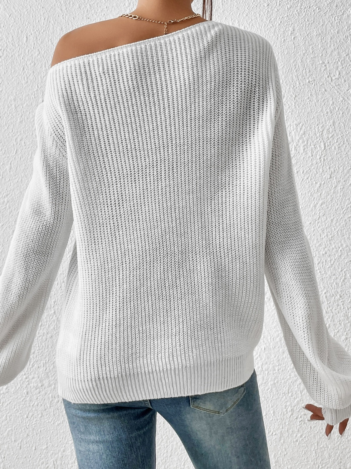 Single Shoulder Long Sleeve Sweater. White.