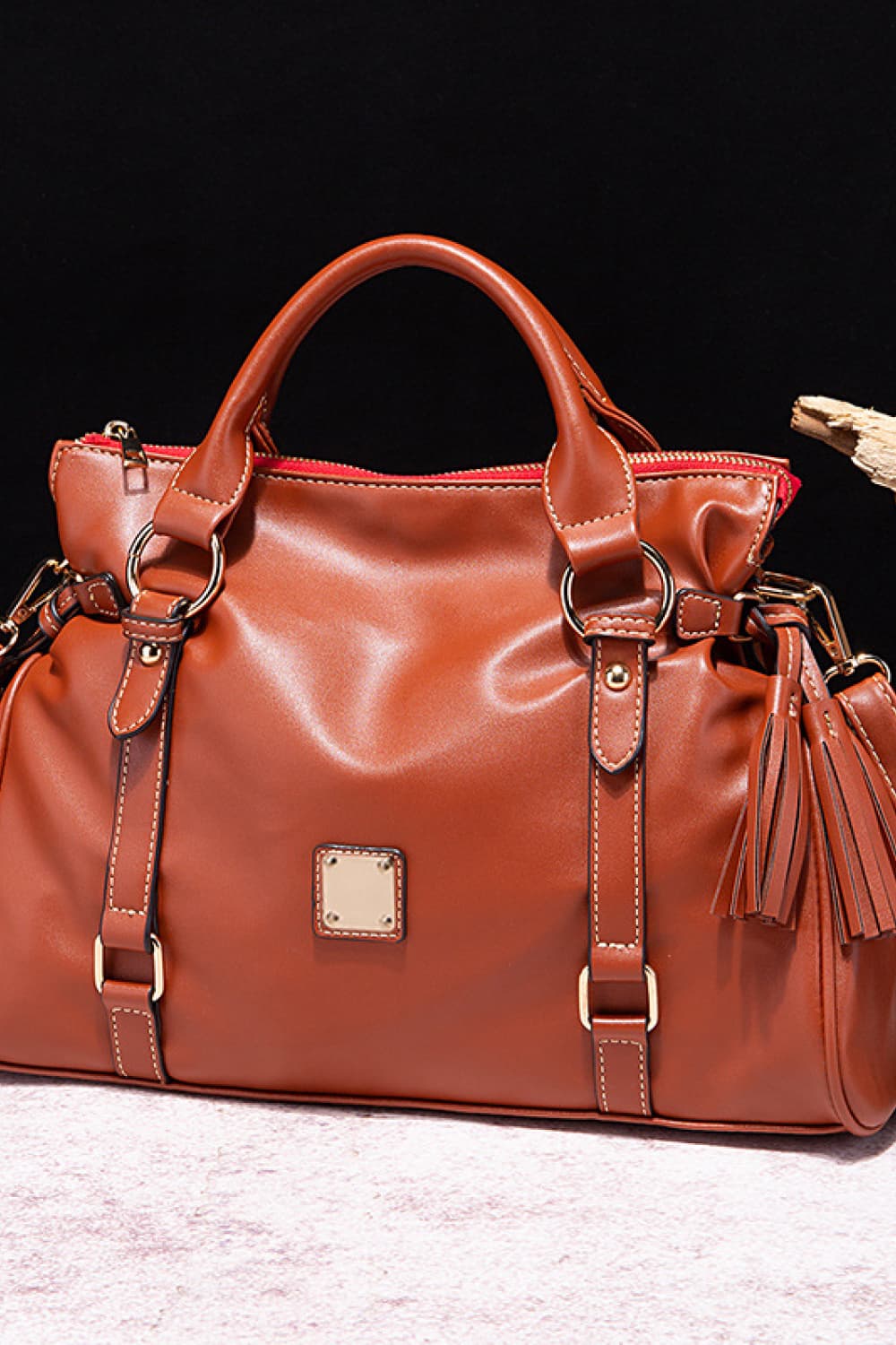 PU Leather Handbag with Tassels. Brown.