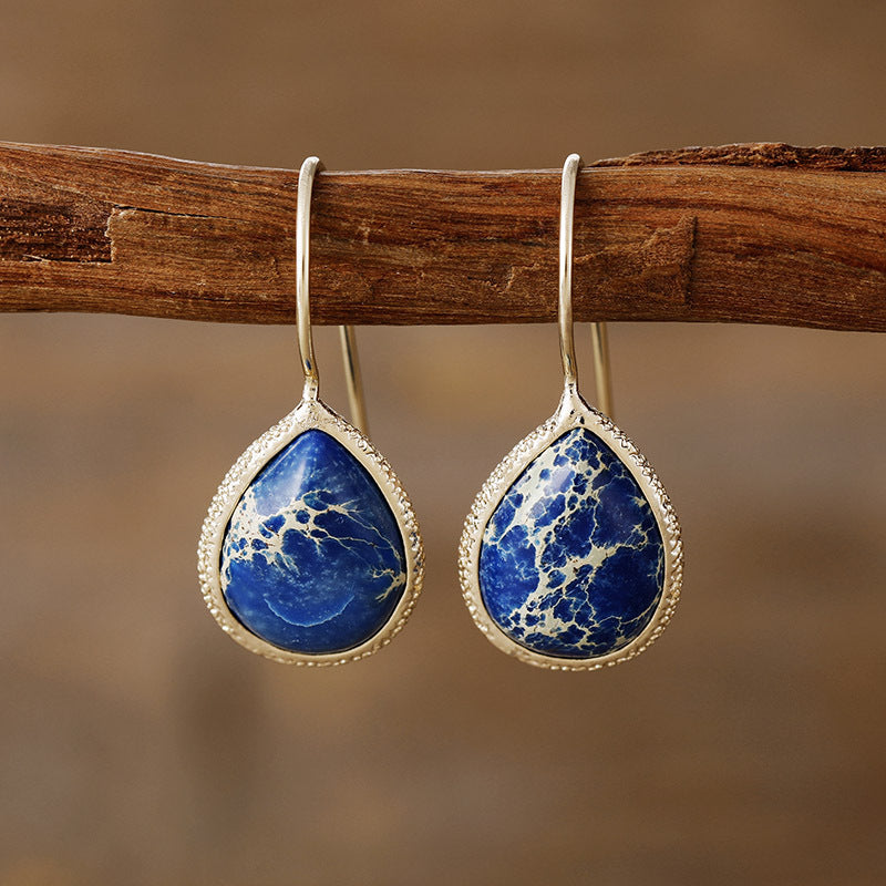 Copper Natural Stone Teardrop Shape Earrings. Navy.