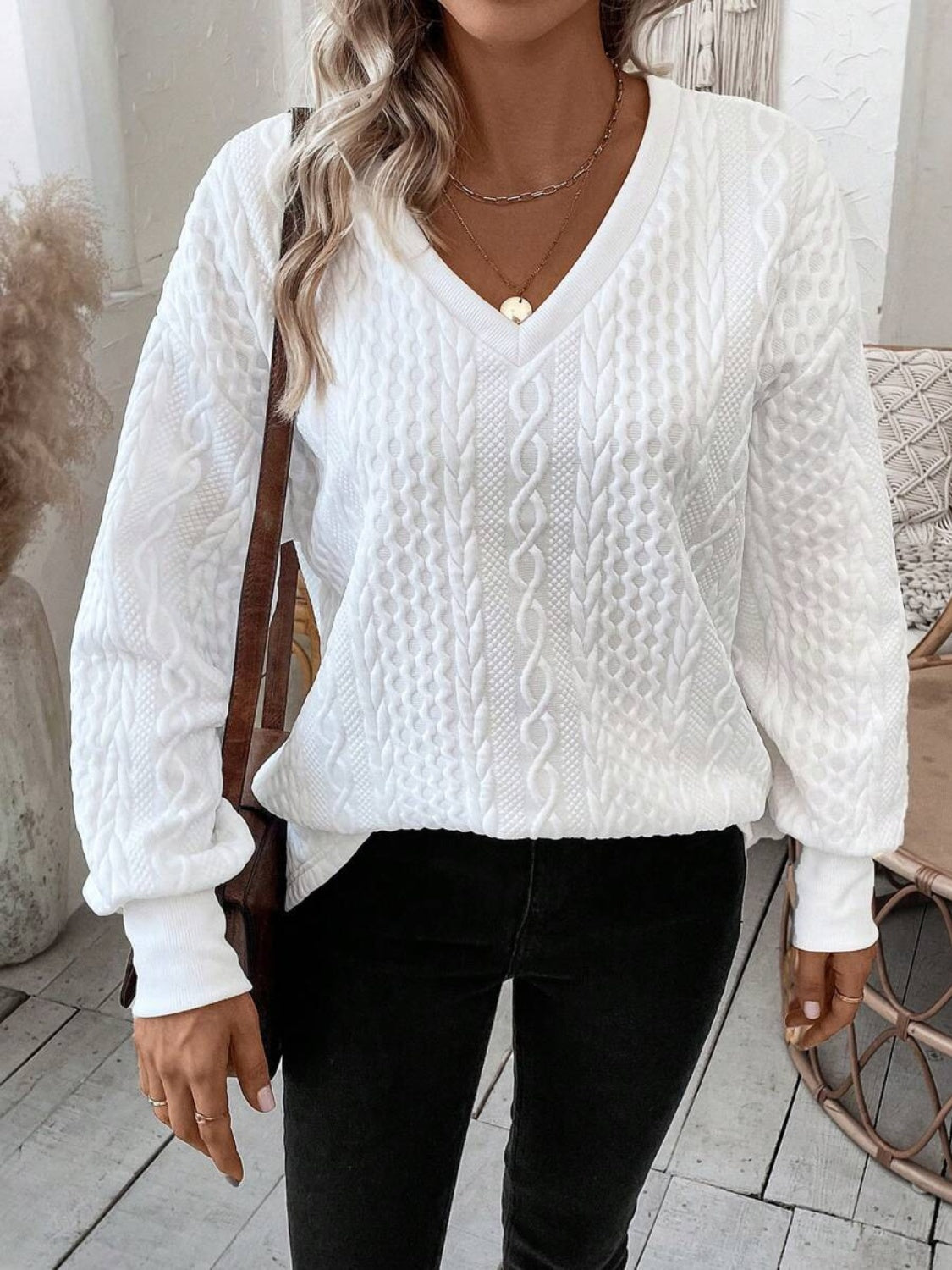 Stylish V-Neck Sweatshirt. White