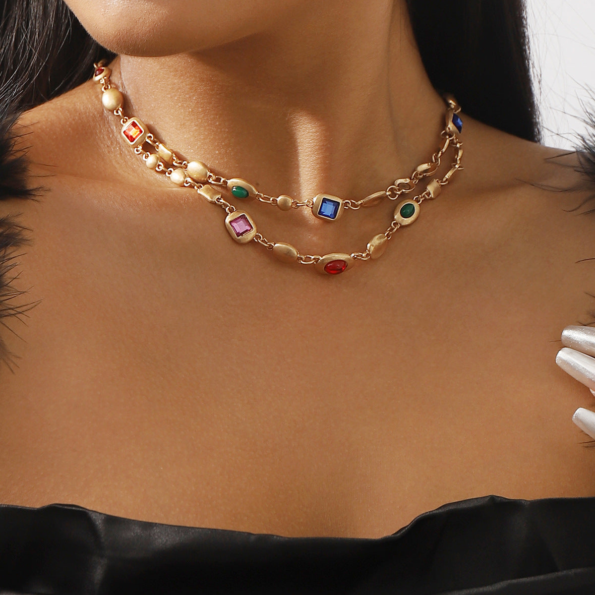 Ethnic Double-Layer Diamond Necklace 