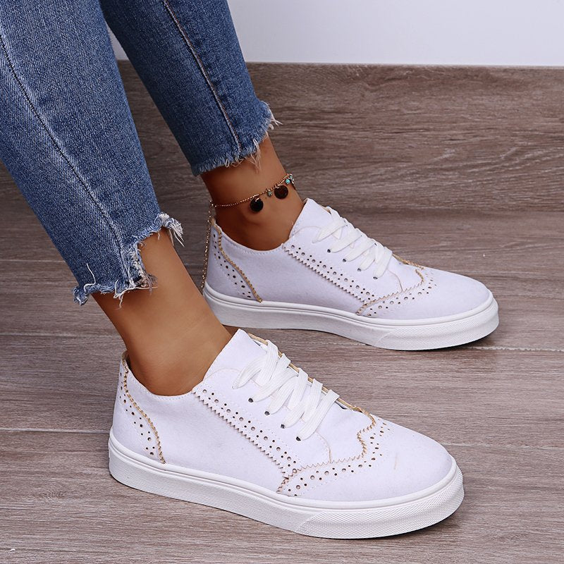 Lace-Up Suedette Flat Sneakers. White.