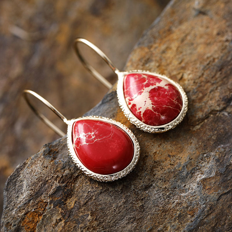 Copper Natural Stone Teardrop Shape Earrings. Deep Red.