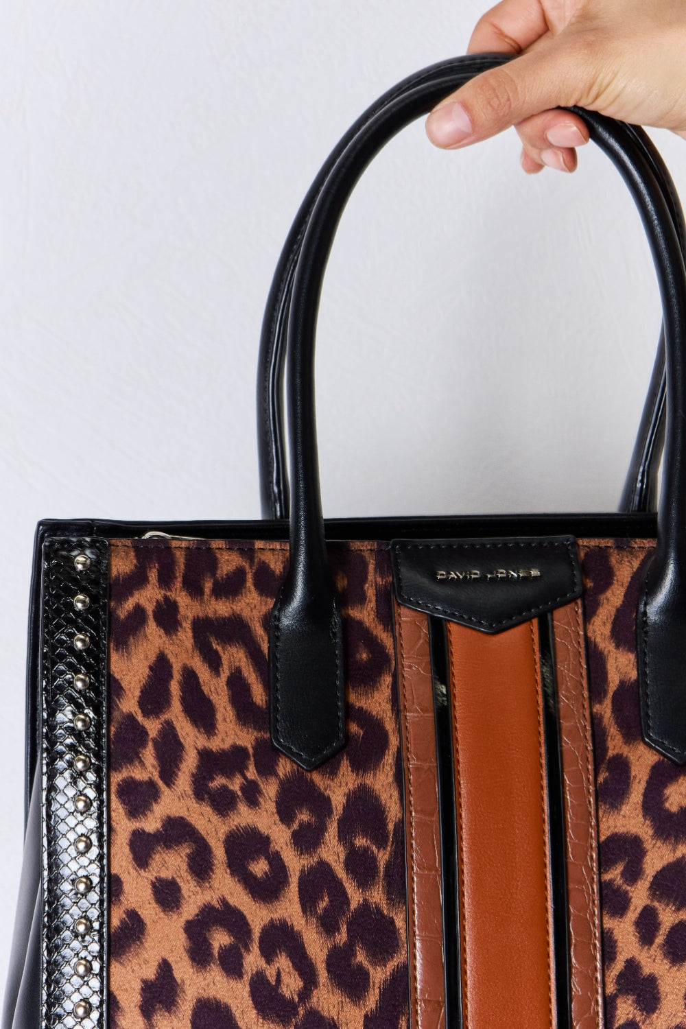 Leopard Contrast Rivet Handbag. Black.