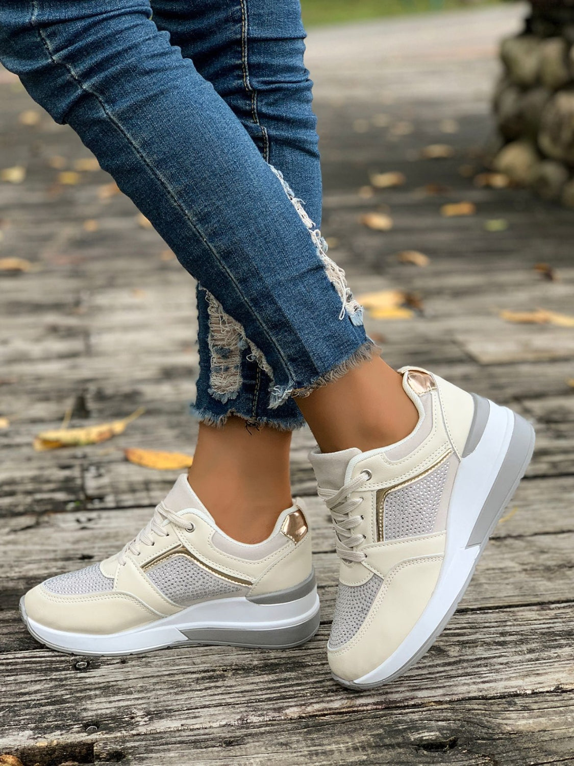 Lace-Up Rhinestone Wedge Sneakers. Beige.