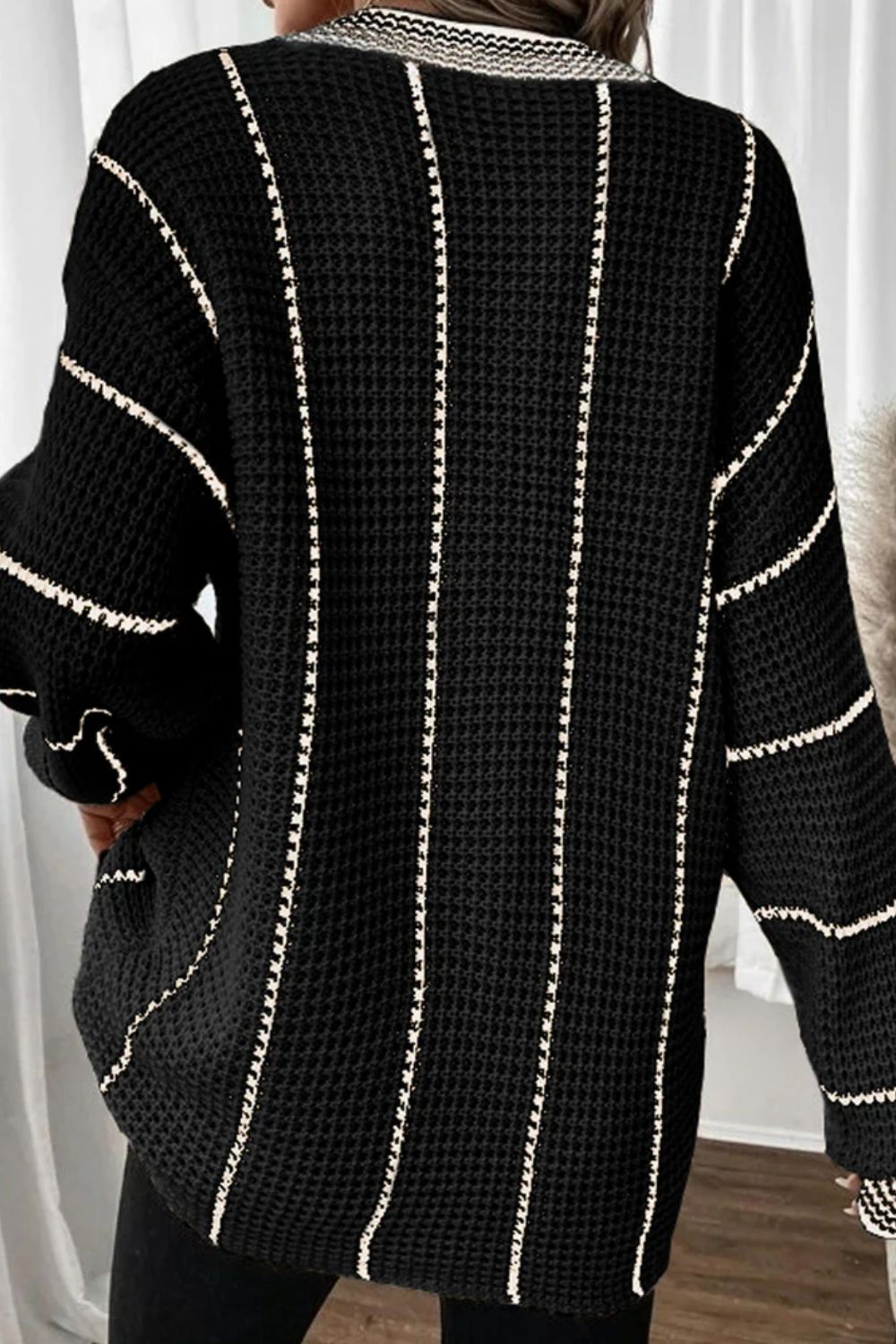 Striped V-Neck Long Sleeve Sweater. Black.