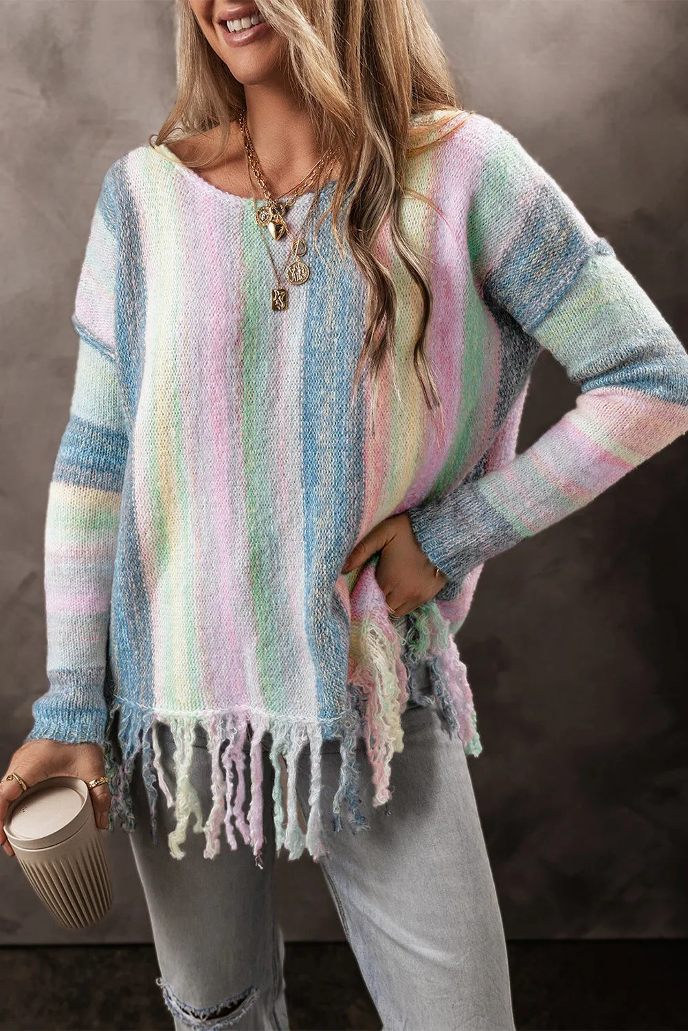 Fringe Color Block Round Neck Sweater. Light Blue.