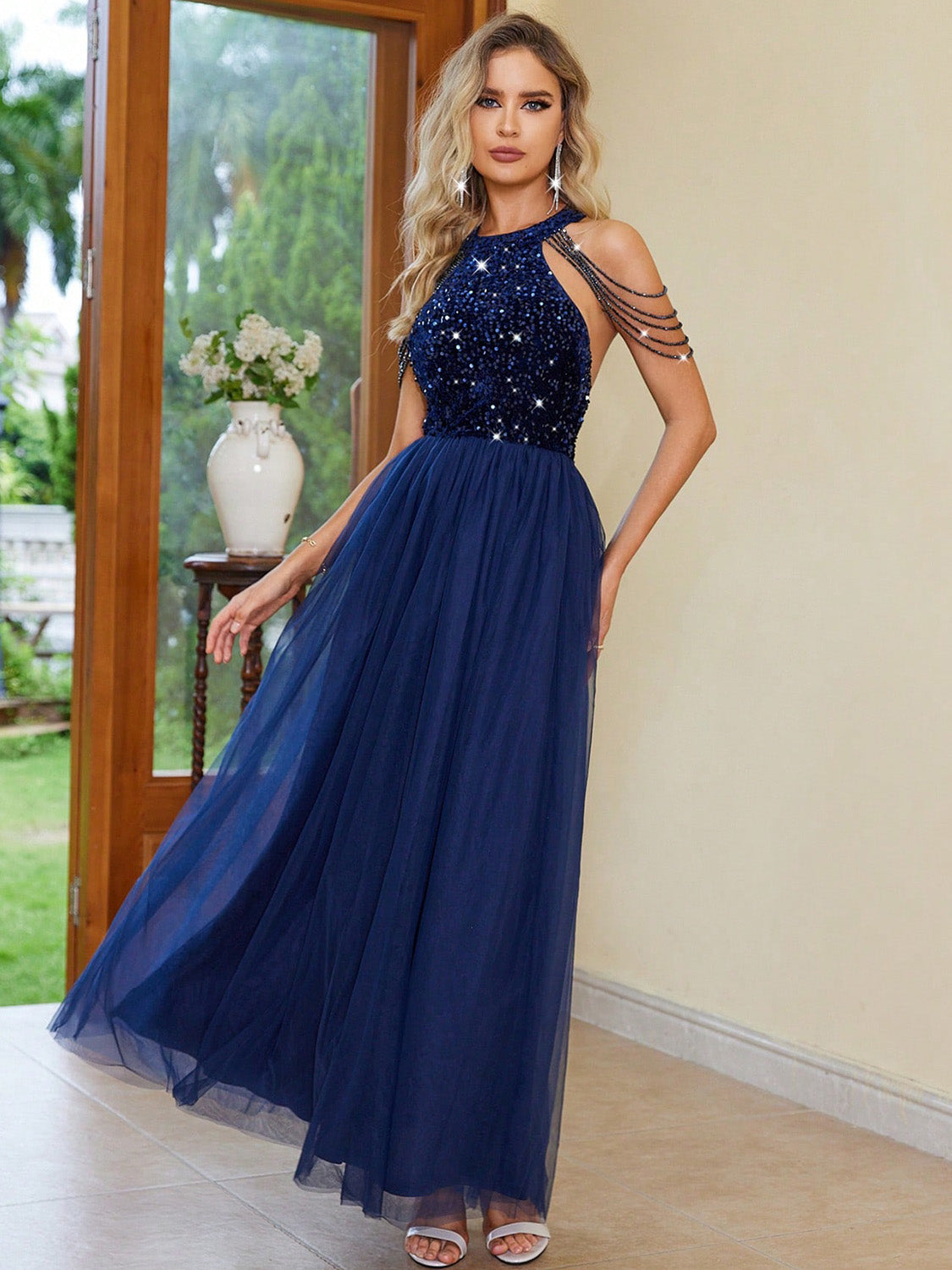 Backless Halter Neck Dress. Dark Blue