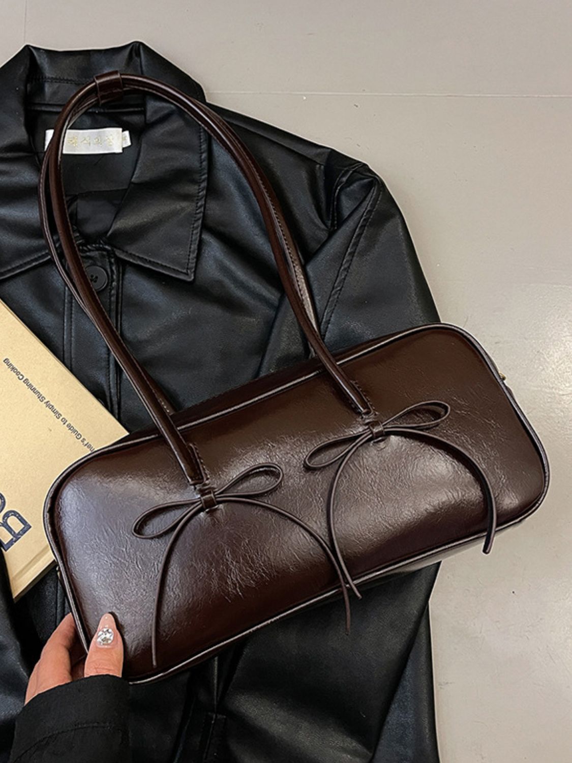 Leather Bow Trim Shoulder Bag. Chocolate.