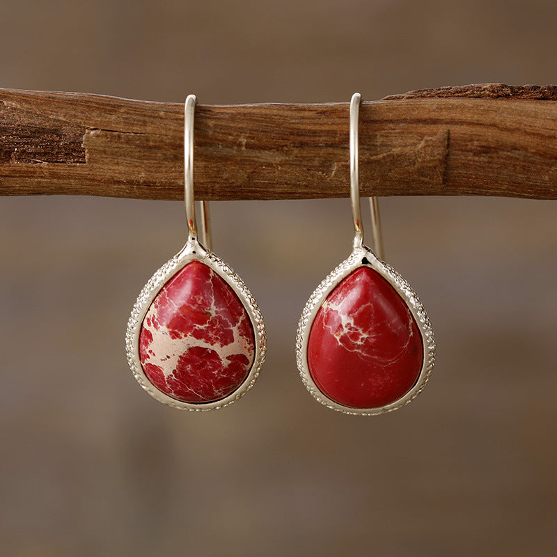 Copper Natural Stone Teardrop Shape Earrings. Deep Red.