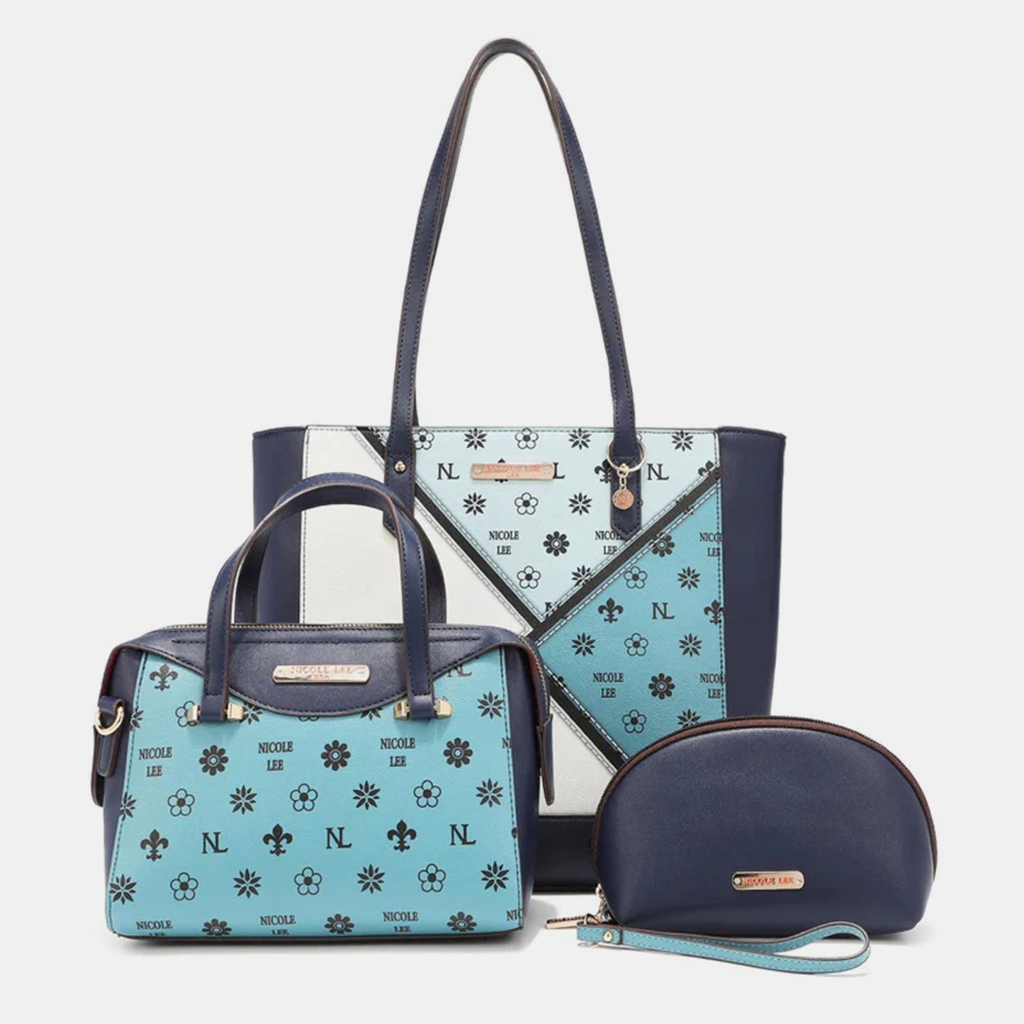 3-Piece Color Block Handbag Set. Blue.