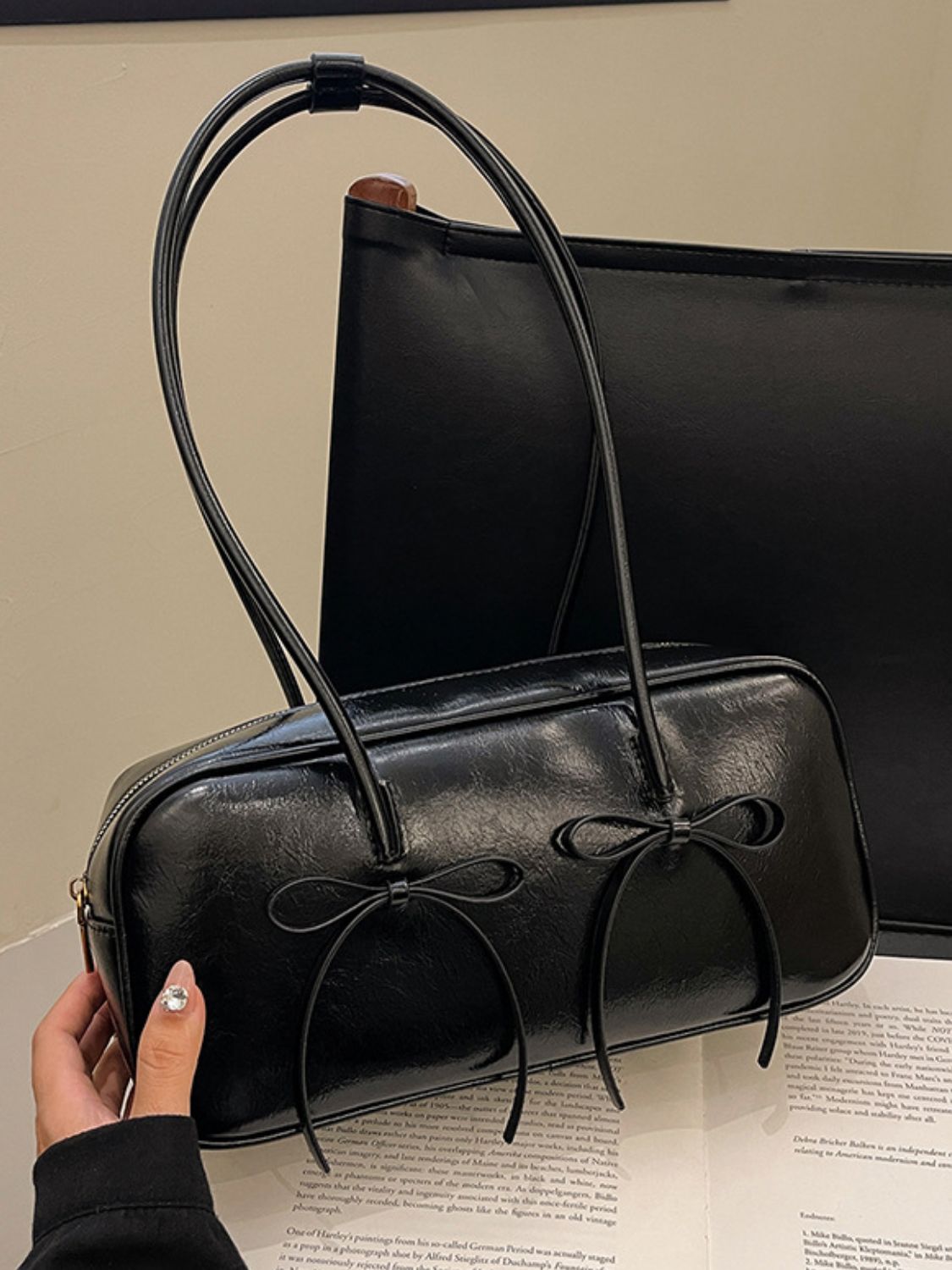 Leather Bow Trim Shoulder Bag. Black.