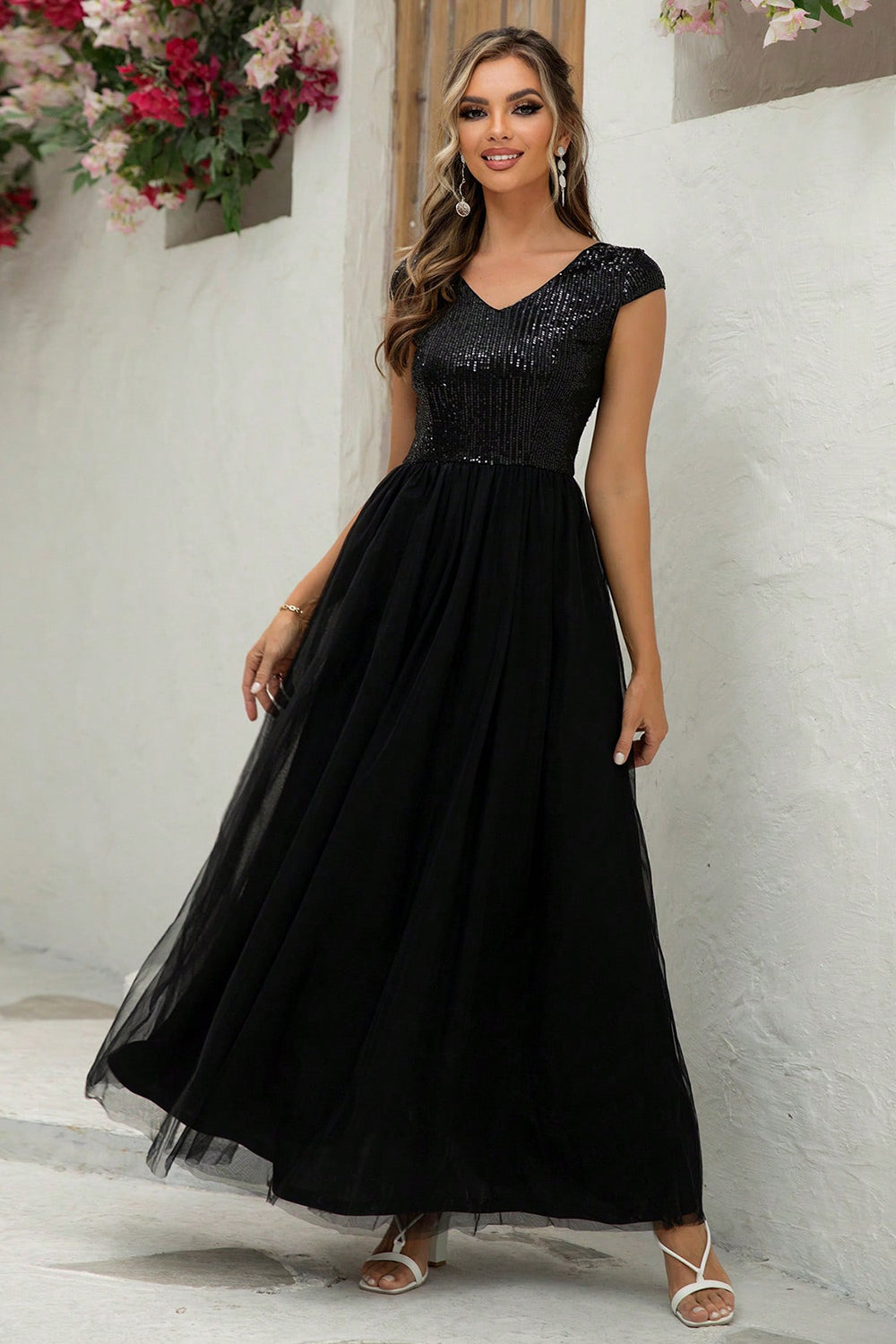 Sequin Mesh Maxi Dress. Black.