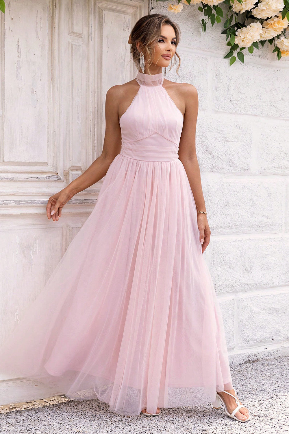 Halter Neck Backless Mesh Dress. Blush Pink.