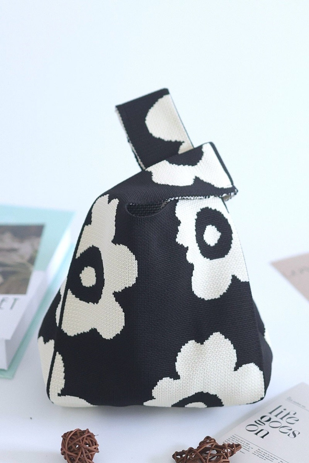 The Flower Eco-Friendly Knitted Handbag. Black.