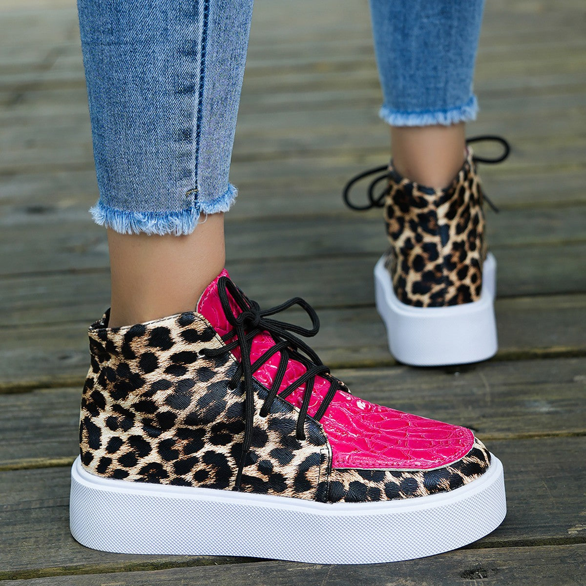 PU Leather Leopard Platform Sneakers. Hot Pink.