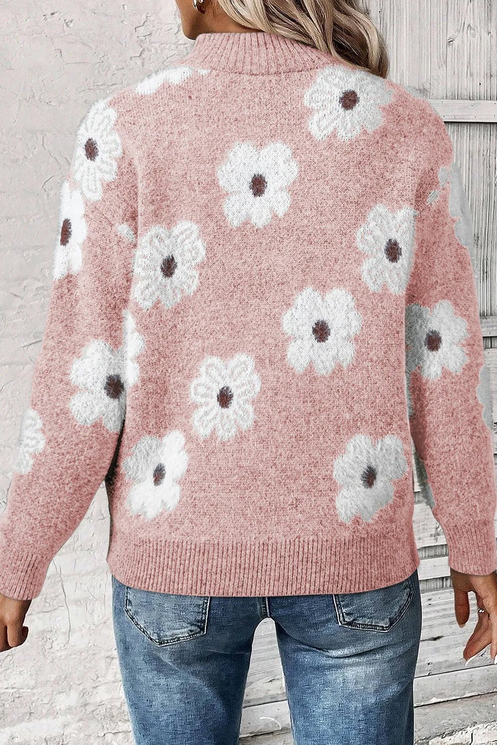 Flower Half Zip Long Sleeve Sweater. Blush Pink.