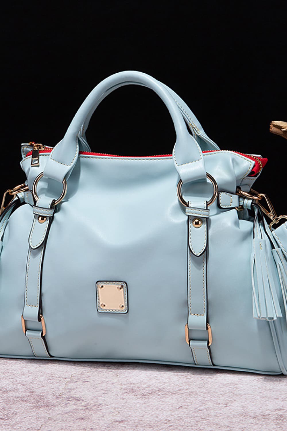 PU Leather Handbag with Tassels. Light Blue.