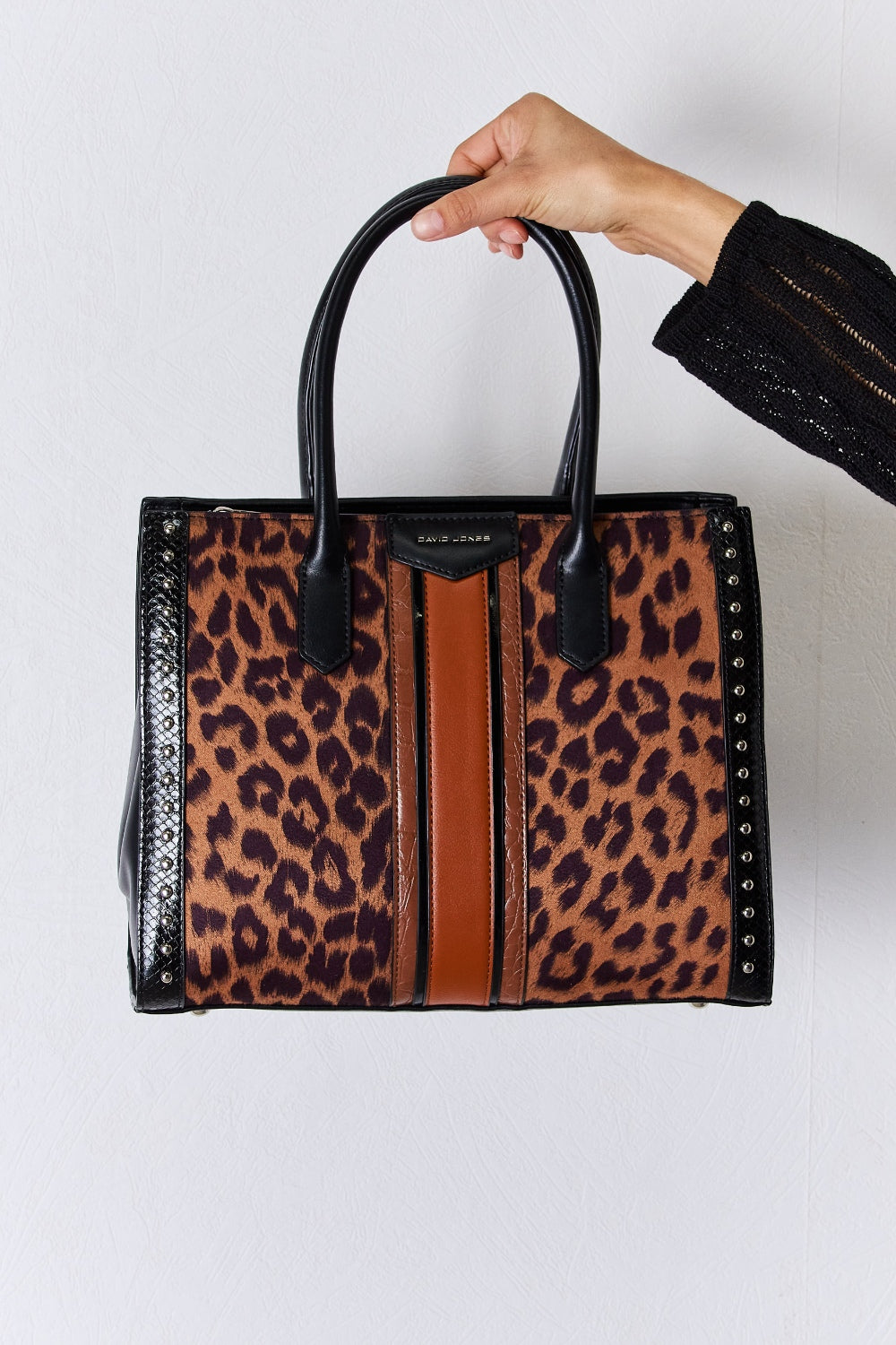 Leopard Contrast Rivet Handbag. Black.