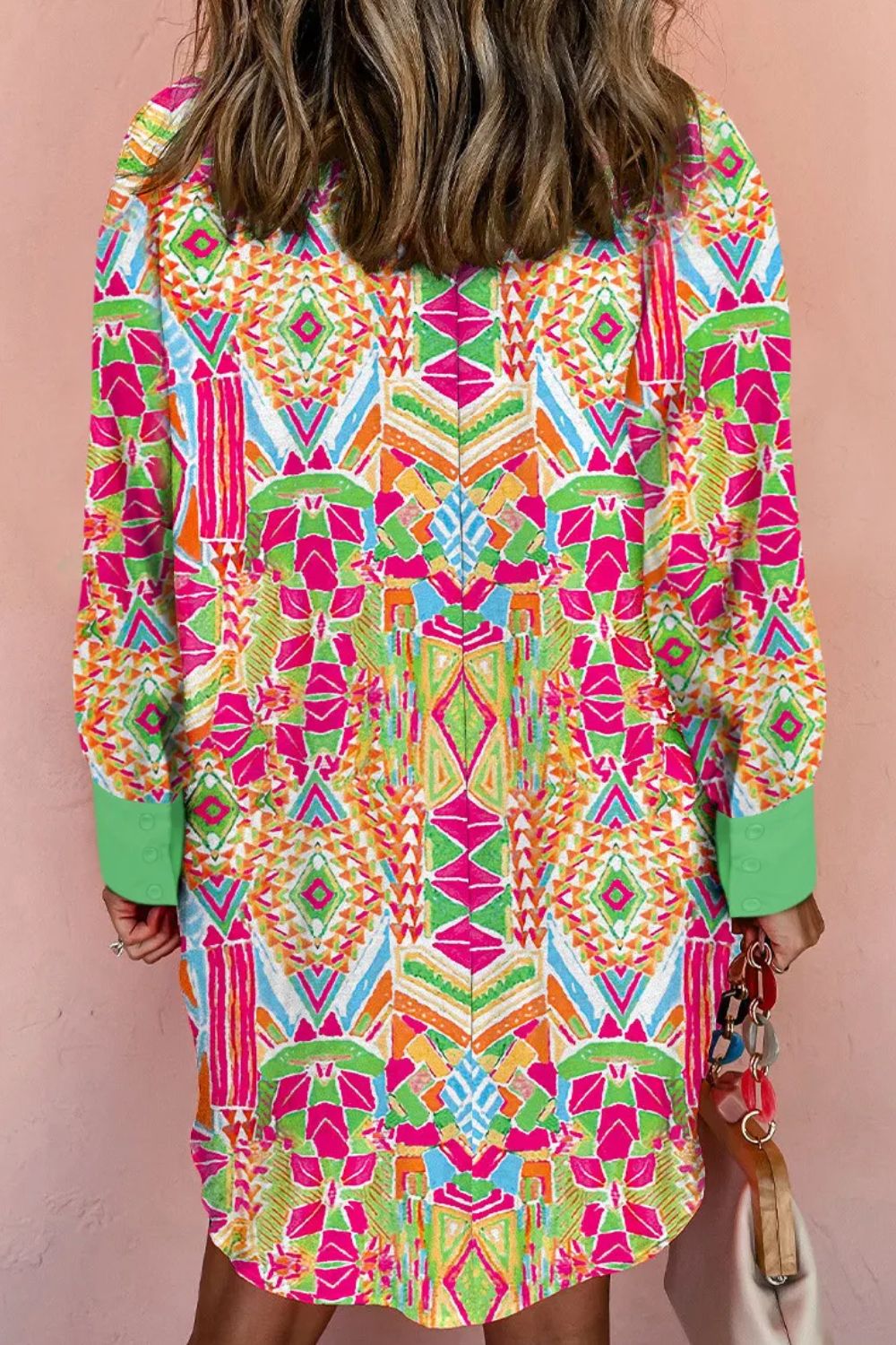 Printed Button Up Long Sleeve Shirt Dress. Neon Green.