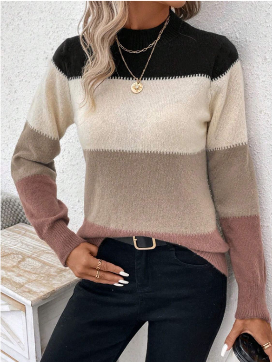 Color Block Mock Neck Long Sleeve Sweater. Mocha Color.