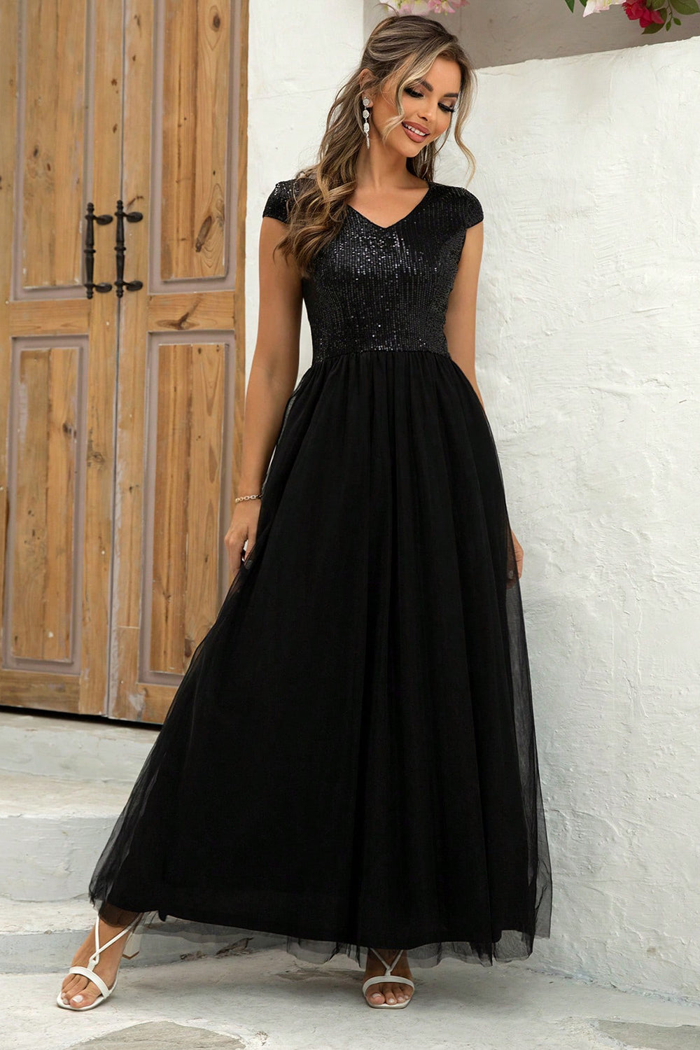 Sequin Mesh Maxi Dress. Black.