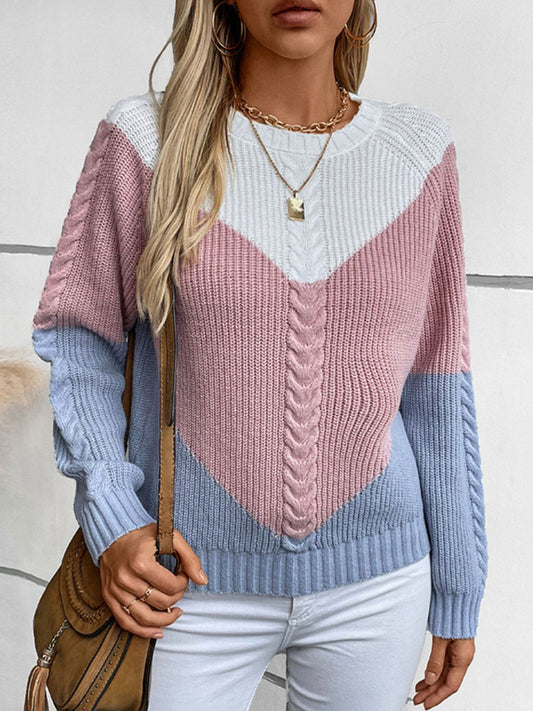 Modern Color Block Long Sleeve Sweater. Blush Pink.