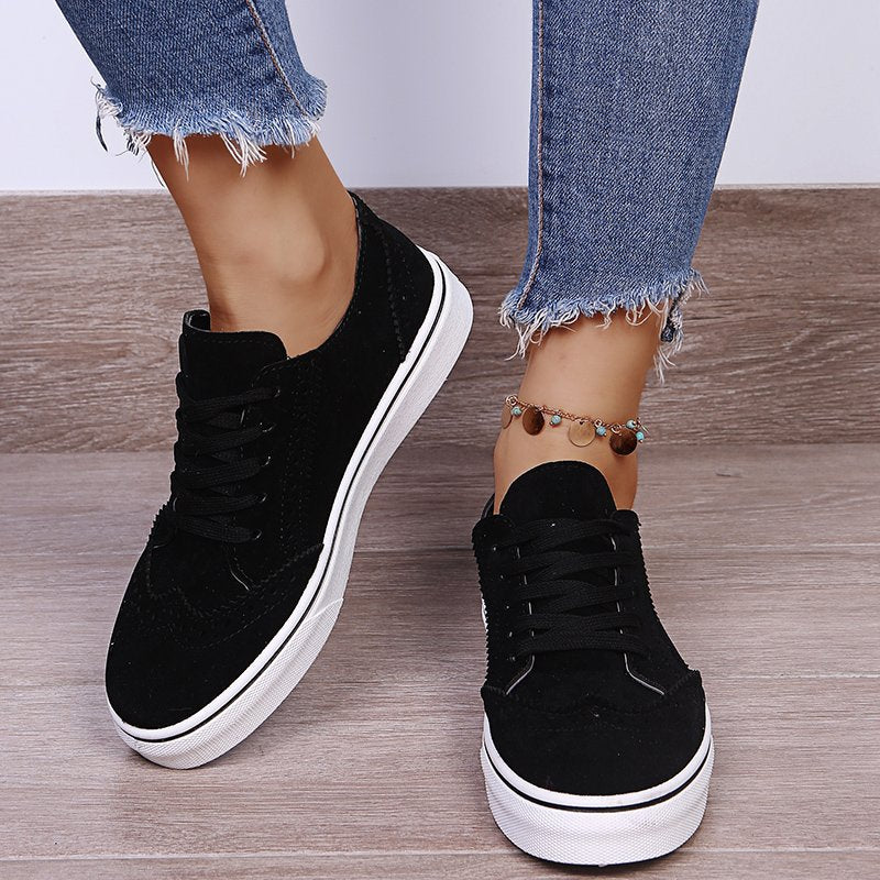 Lace-Up Suedette Flat Sneakers. Black.