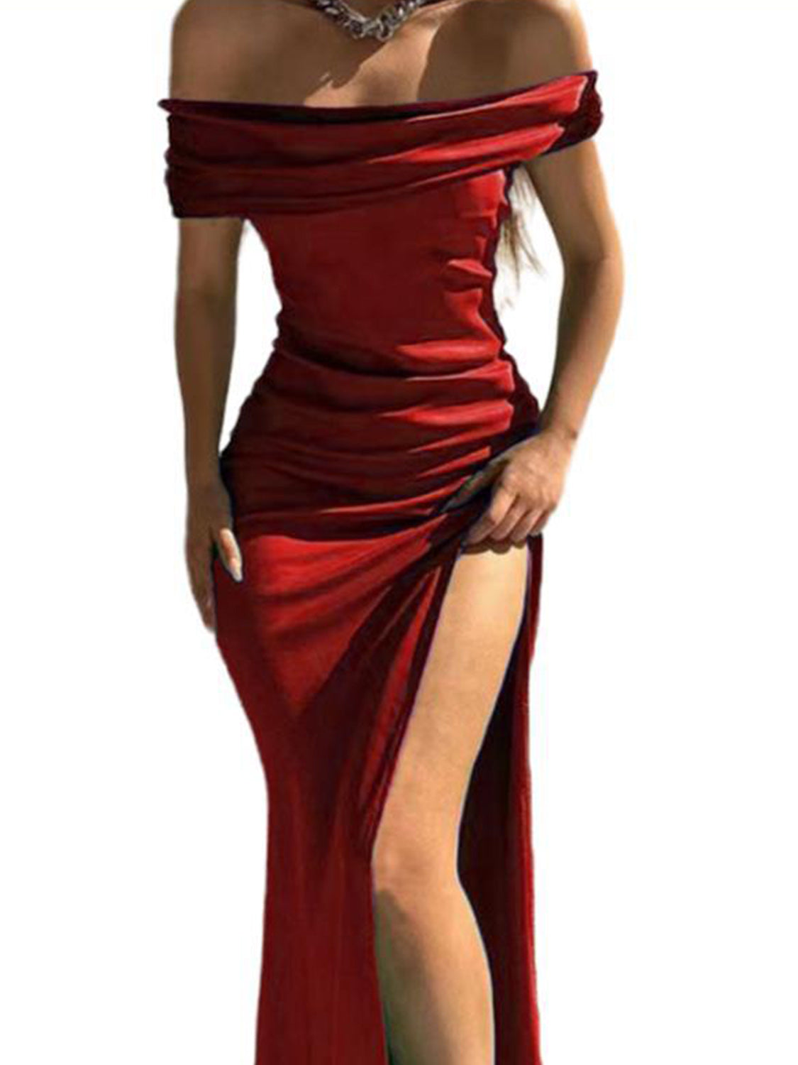 Split Ruched Off-Shoulder Dress.  Deep Red.