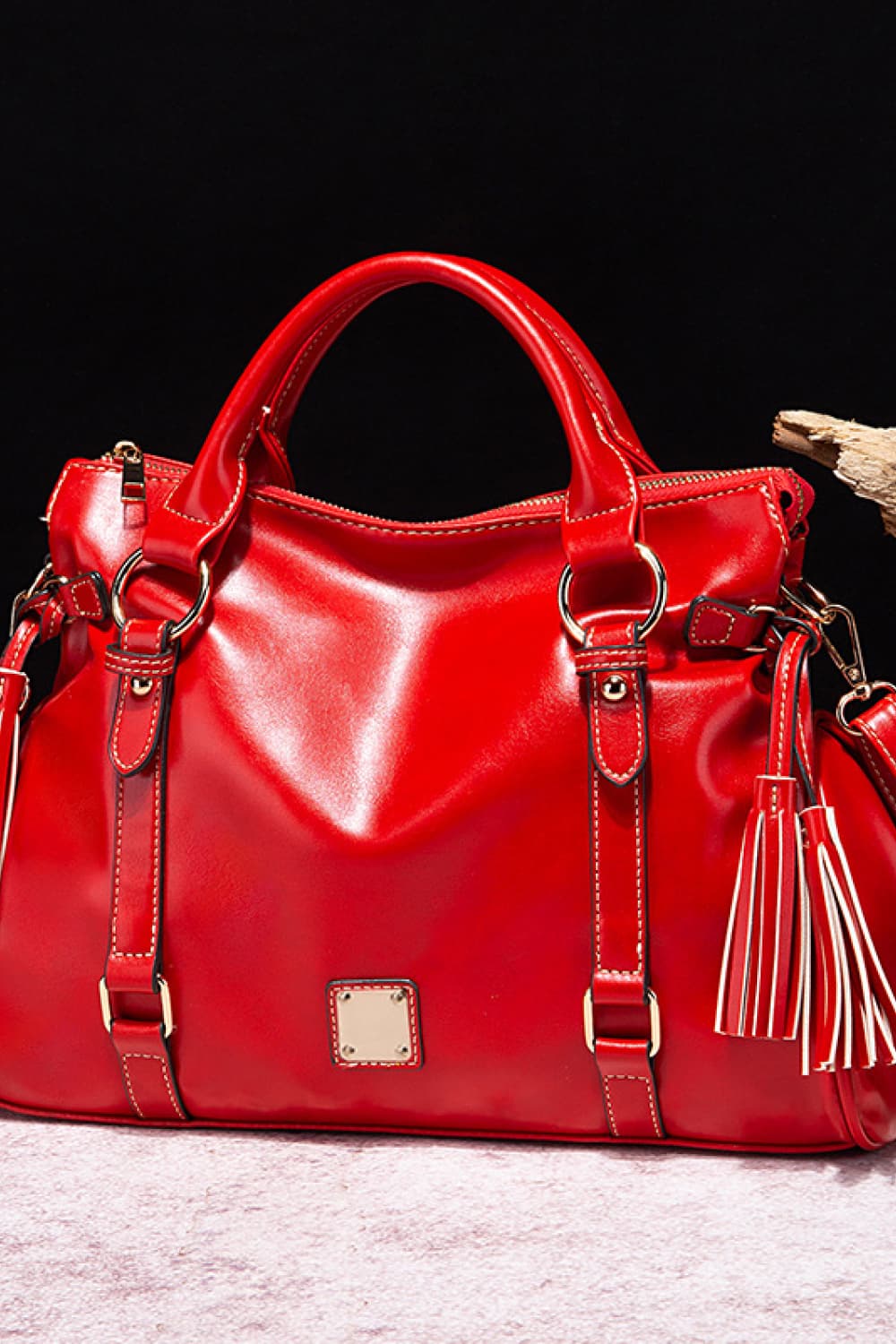 PU Leather Handbag with Tassels. Red.