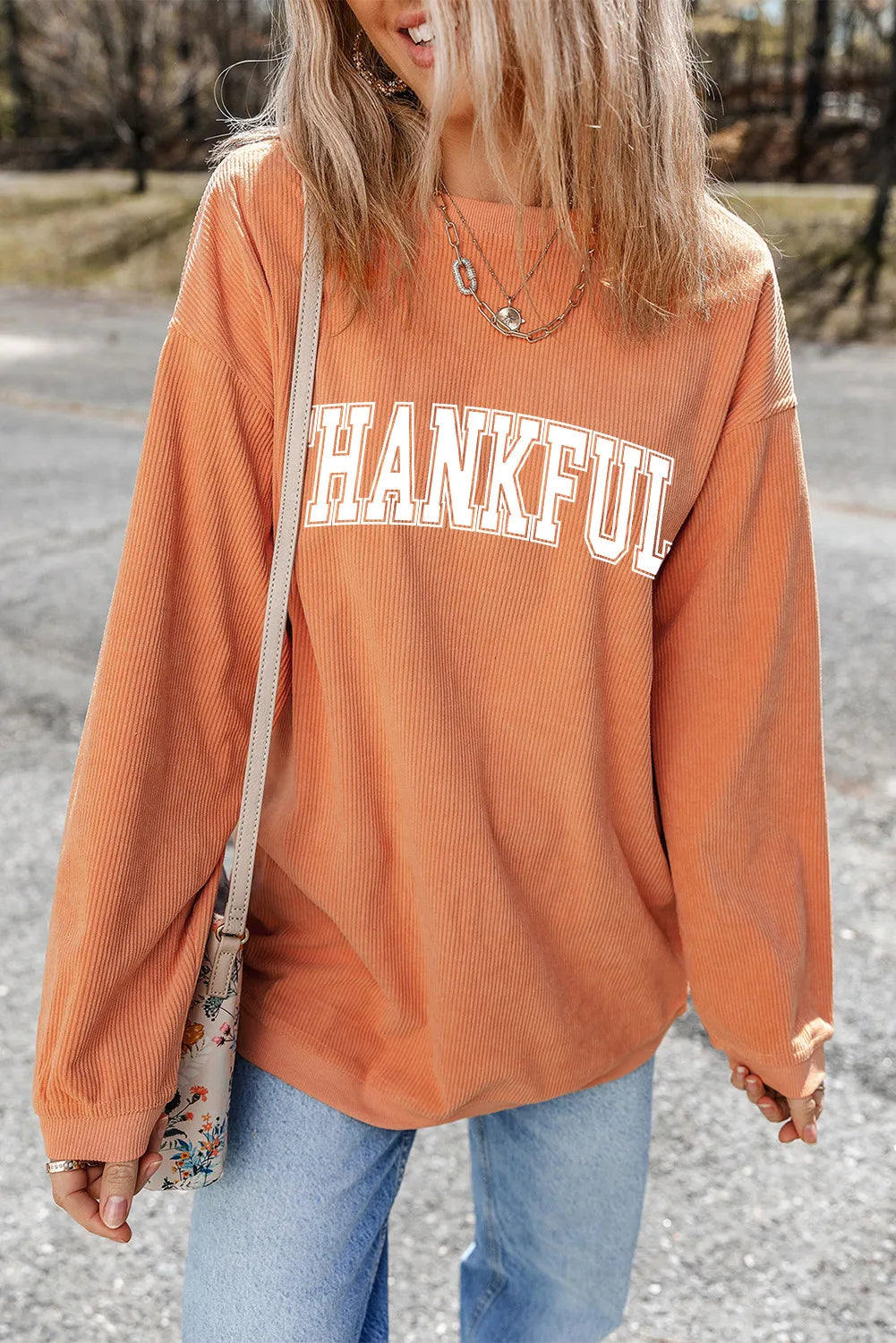 Thankful Round Neck Sweatshirt. Sherbet.