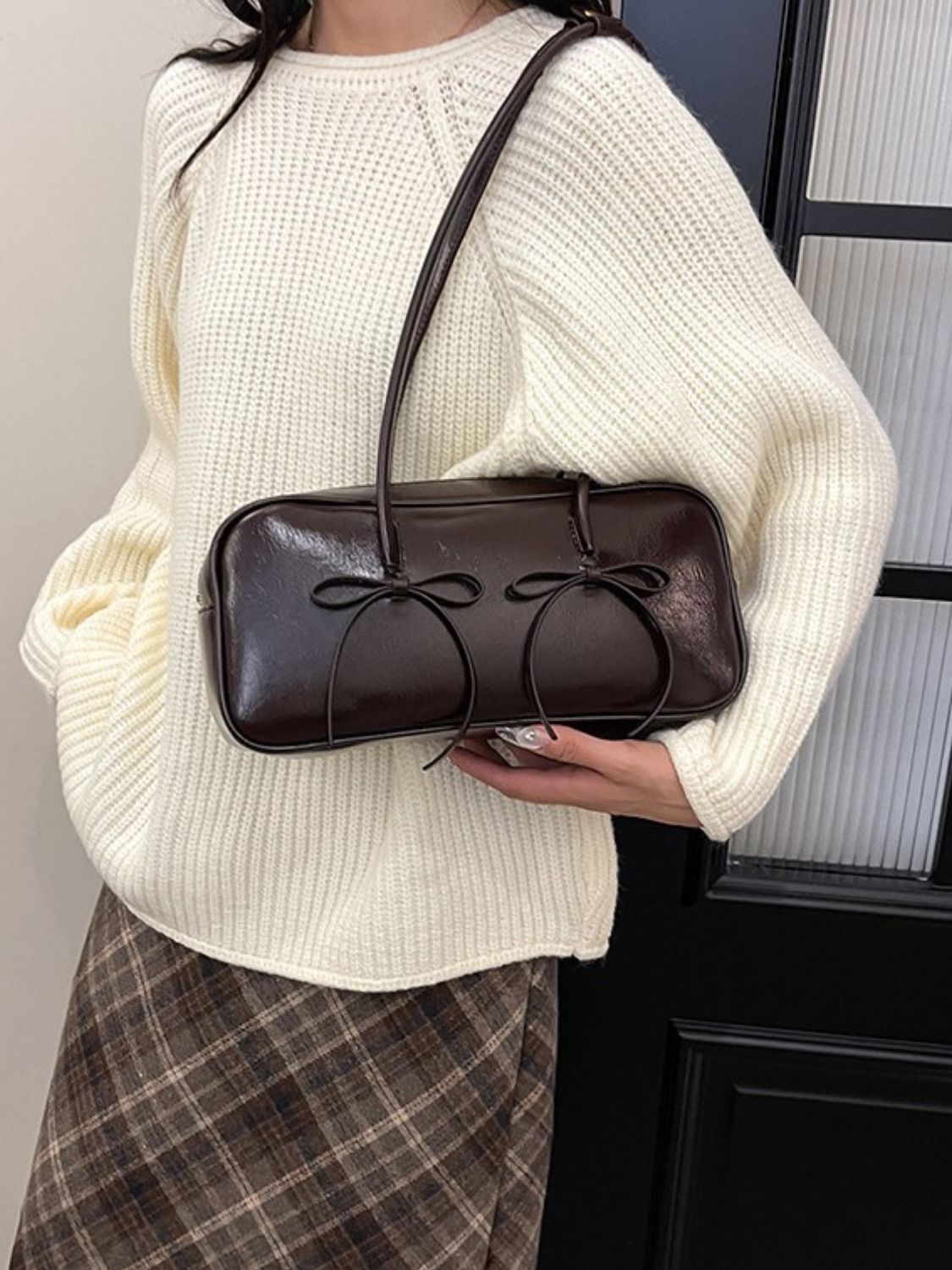 Leather Bow Trim Shoulder Bag. Chocolate.