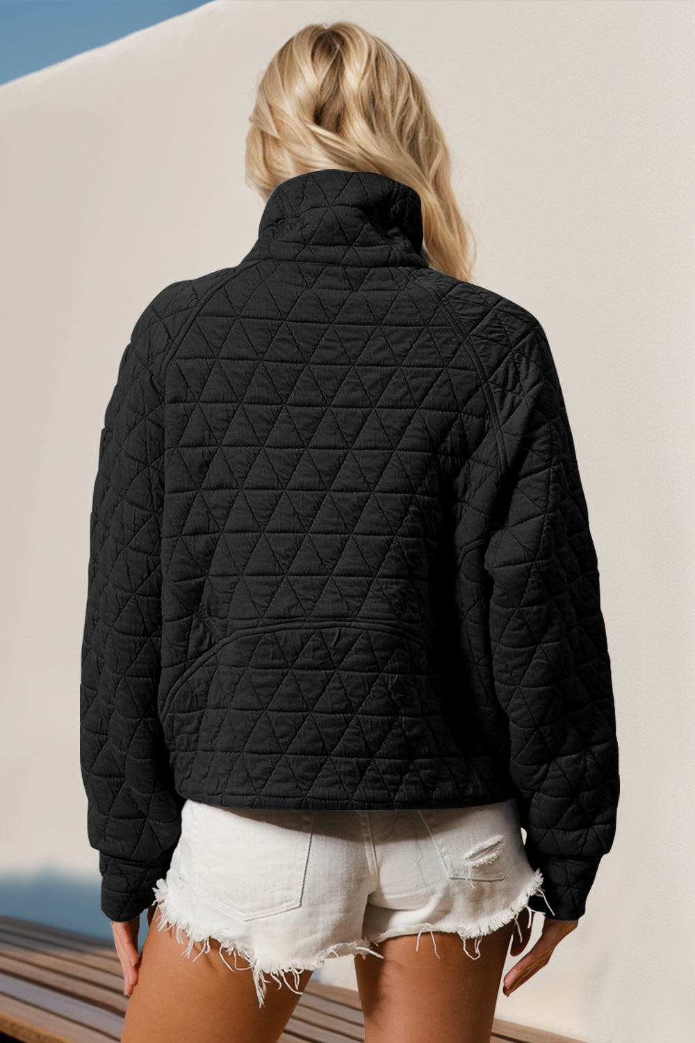 Quilted Sweatshirt with Pocket. Black. Back side.