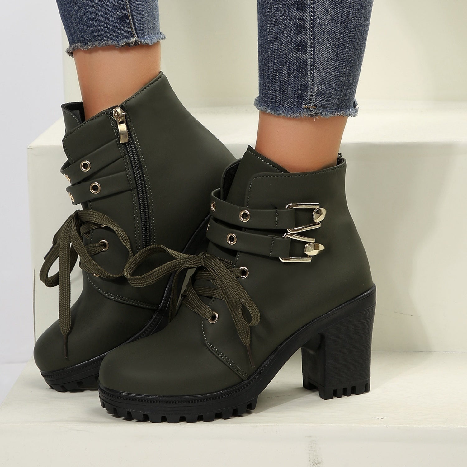 PU Leather Round Toe Block Heel Boots. Army Green.