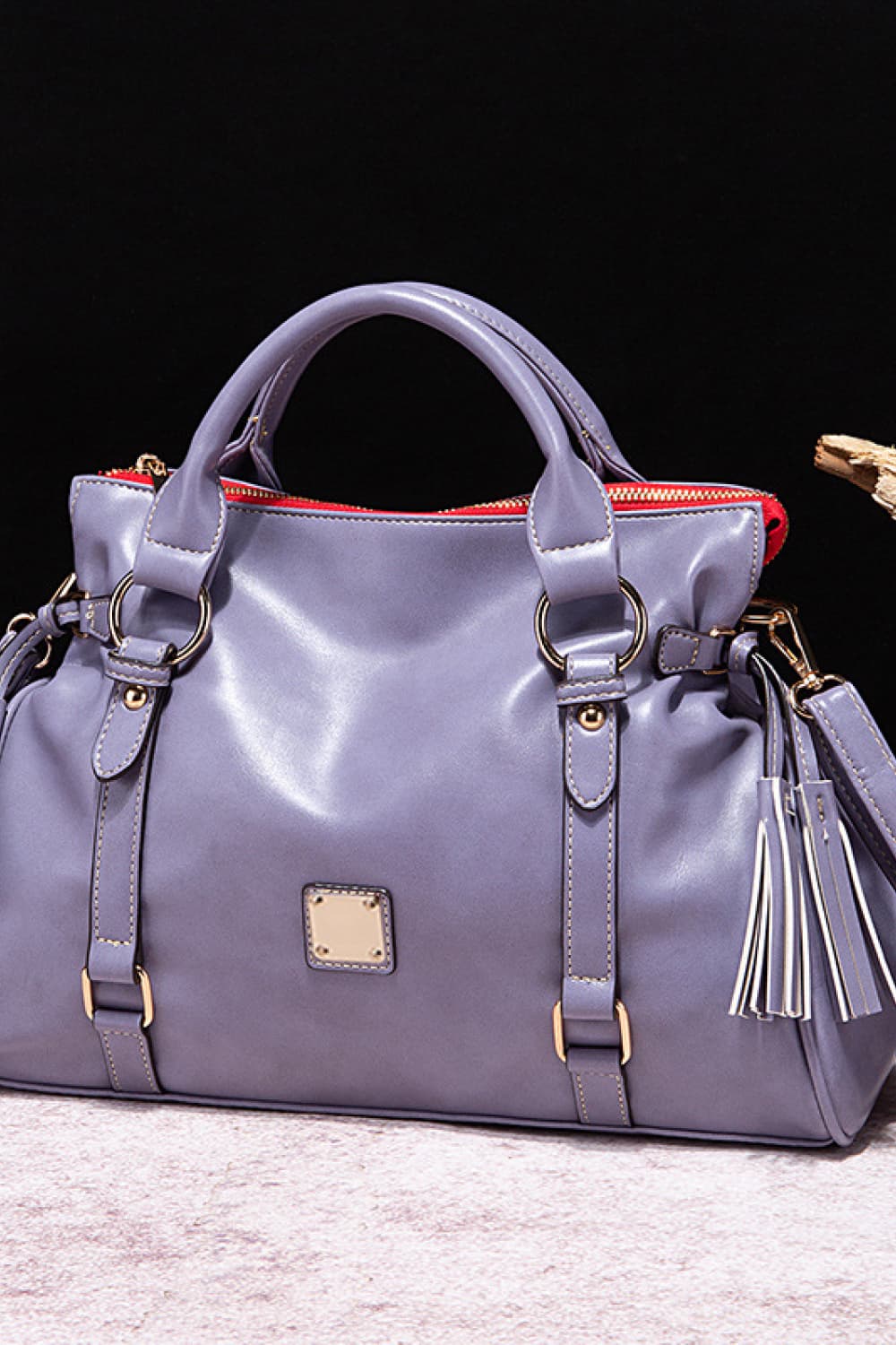 PU Leather Handbag with Tassels. Blue Purple.